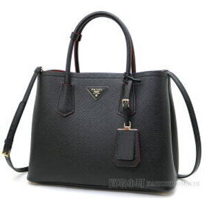 PRADA Double Bag Saffiano Leather Triangle Logo shopping 2Way Cuir Nero Fuoco